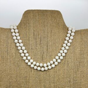 Vintage Milk Glass Beaded Necklace – White – Stamped Japan (c. 1950s–1960s)